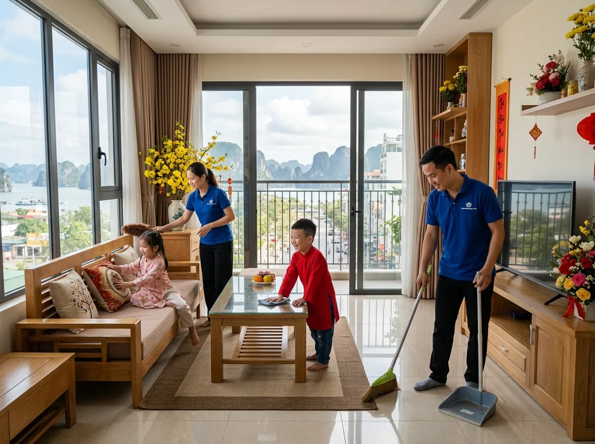 Gia đình dọn nhà đón Tết tại Hạ Long