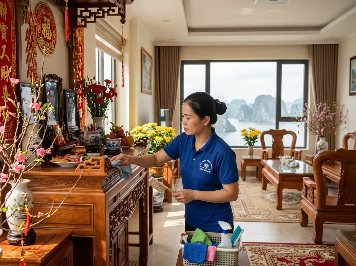 Lau dọn bàn thờ và phòng khách đón Tết