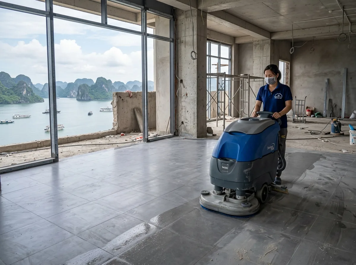 Nhân viên vệ sinh công nghiệp chà sàn tại công trình Hạ Long