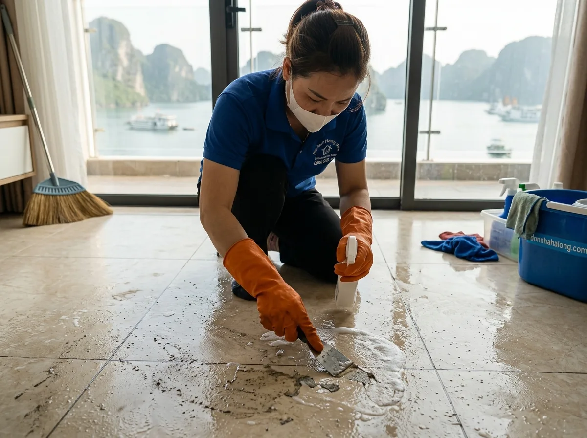 Tẩy điểm xi măng trên sàn bằng hóa chất chuyên dụng