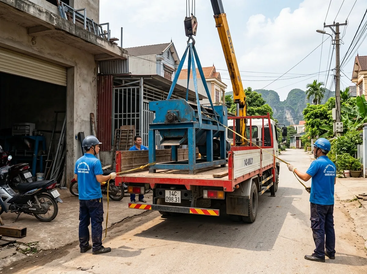 Xe cẩu nâng máy móc lên xe tải khi chuyển xưởng