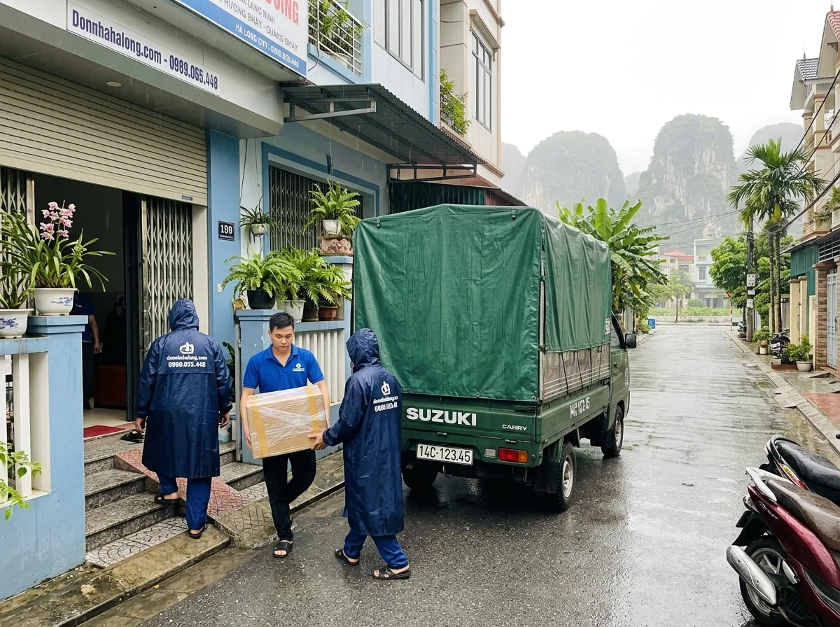 Xe tải chuyển nhà che bạt kín dưới trời mưa