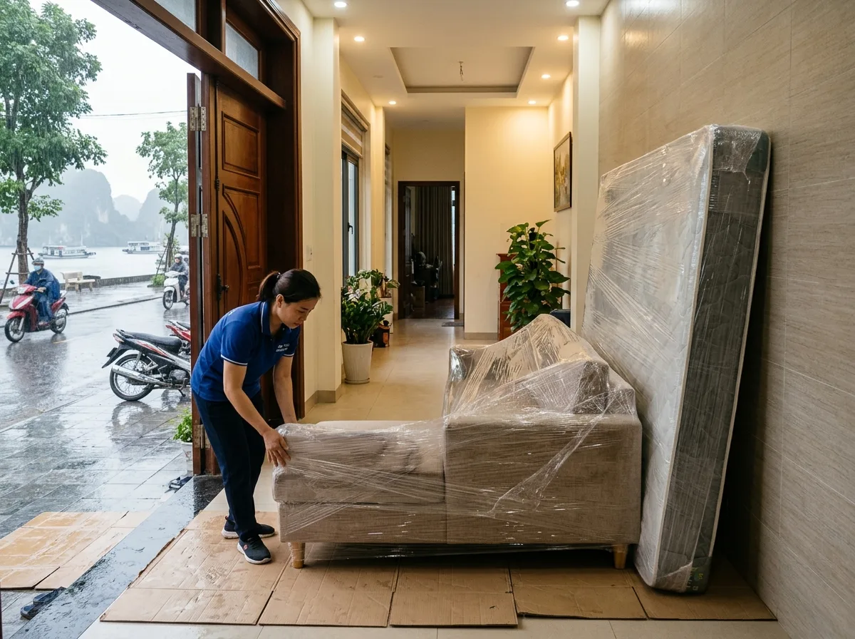 Nệm và sofa được quấn màng co PE trước khi chuyển nhà ngày mưa