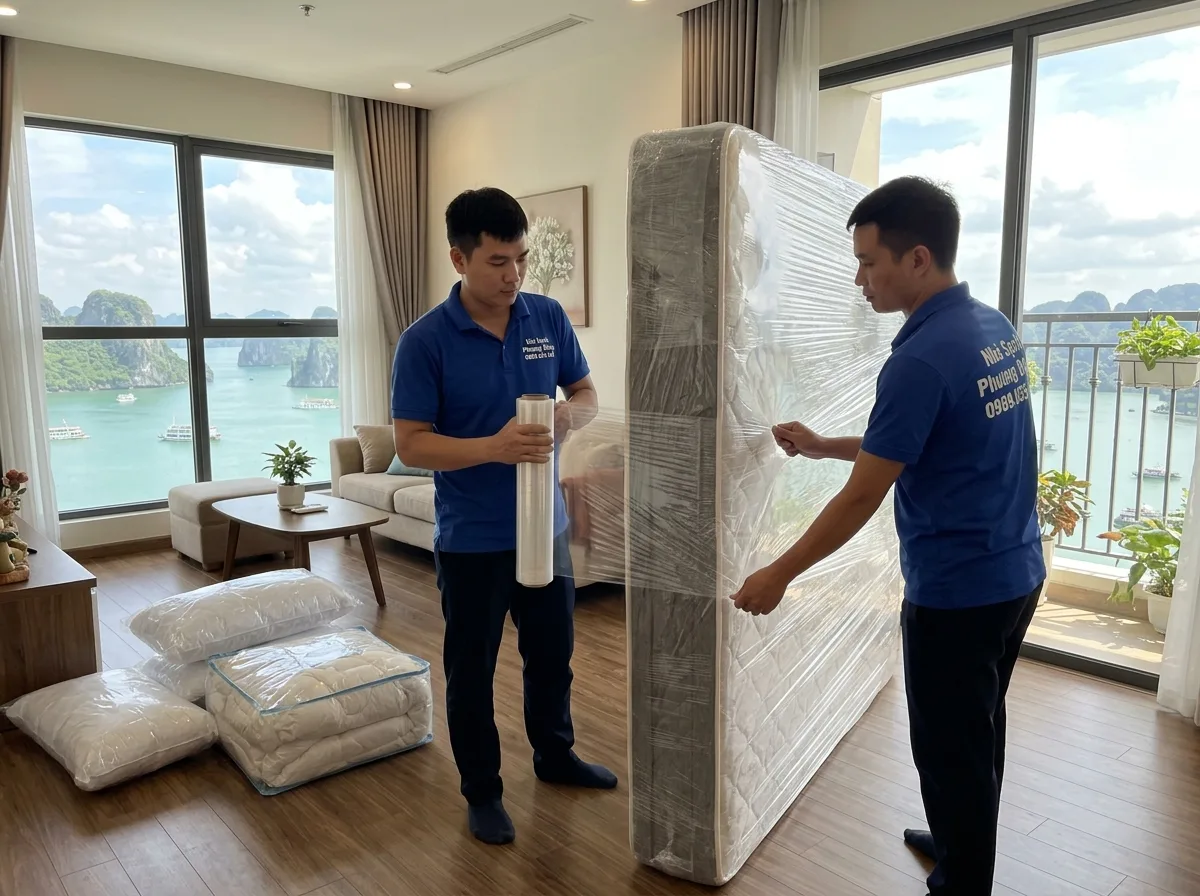 Nệm được quấn màng co PE trước khi chuyển nhà