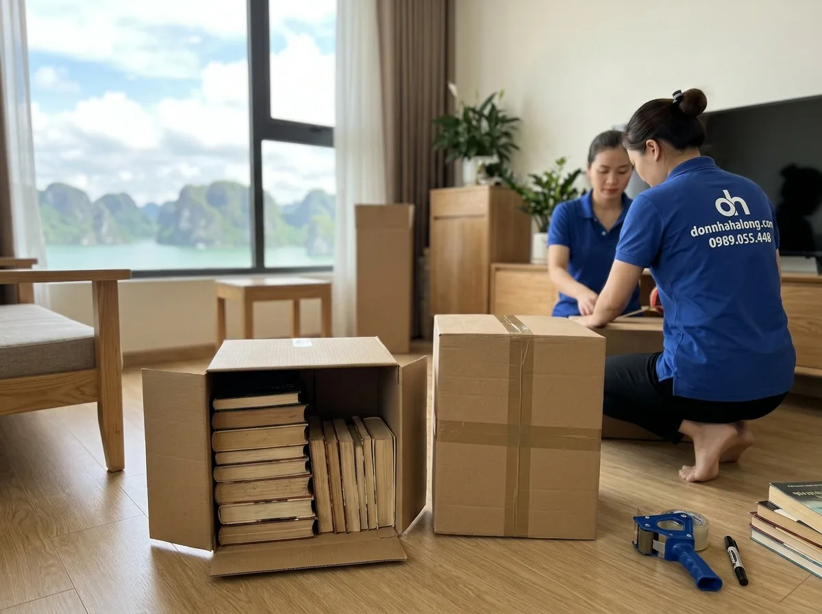 Xếp sách vào thùng carton nhỏ, dán đáy chữ thập