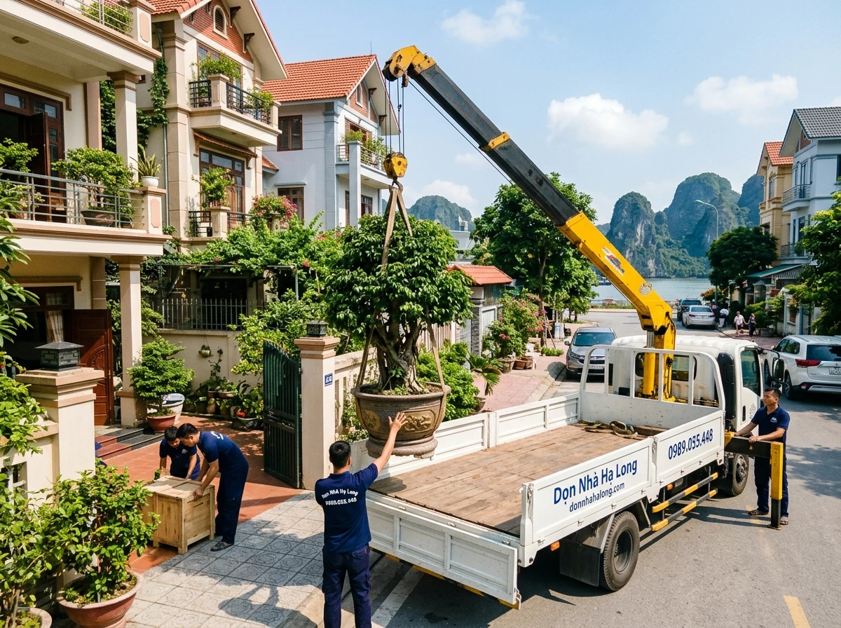 Xe cẩu vận chuyển cây cảnh