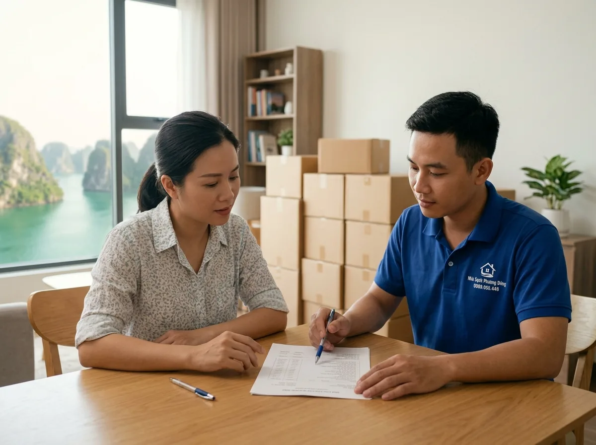 Chủ nhà và nhân viên xem bảng báo giá chuyển nhà trước khi chốt lịch