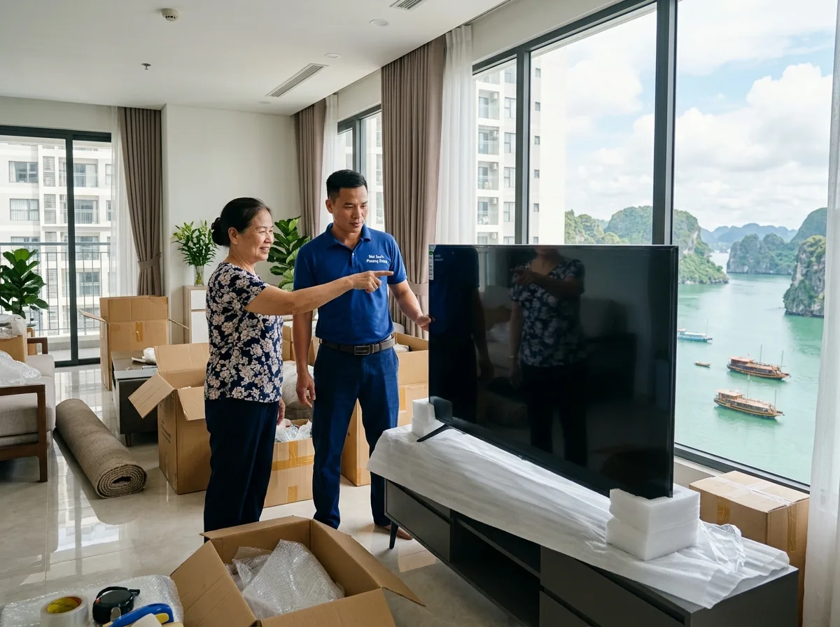 Chủ nhà cùng nhân viên kiểm tra TV sau khi dỡ đồ ở nhà mới