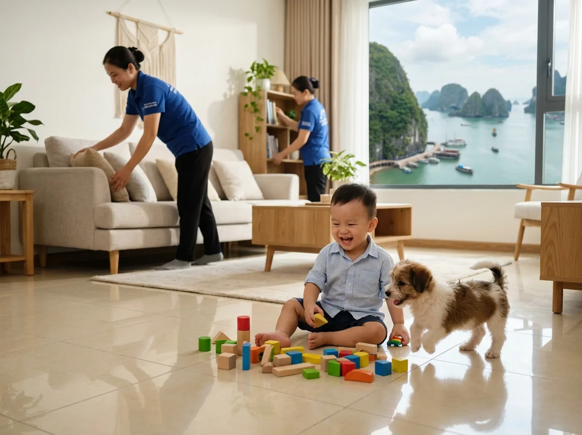 Em bé chơi trên sàn nhà sạch cùng thú cưng