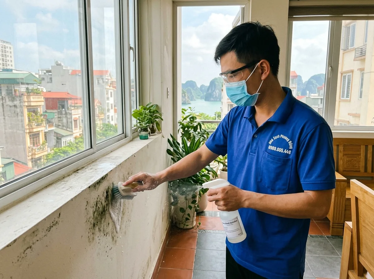 Nhân viên xử lý mốc tường bằng hóa chất chuyên dụng