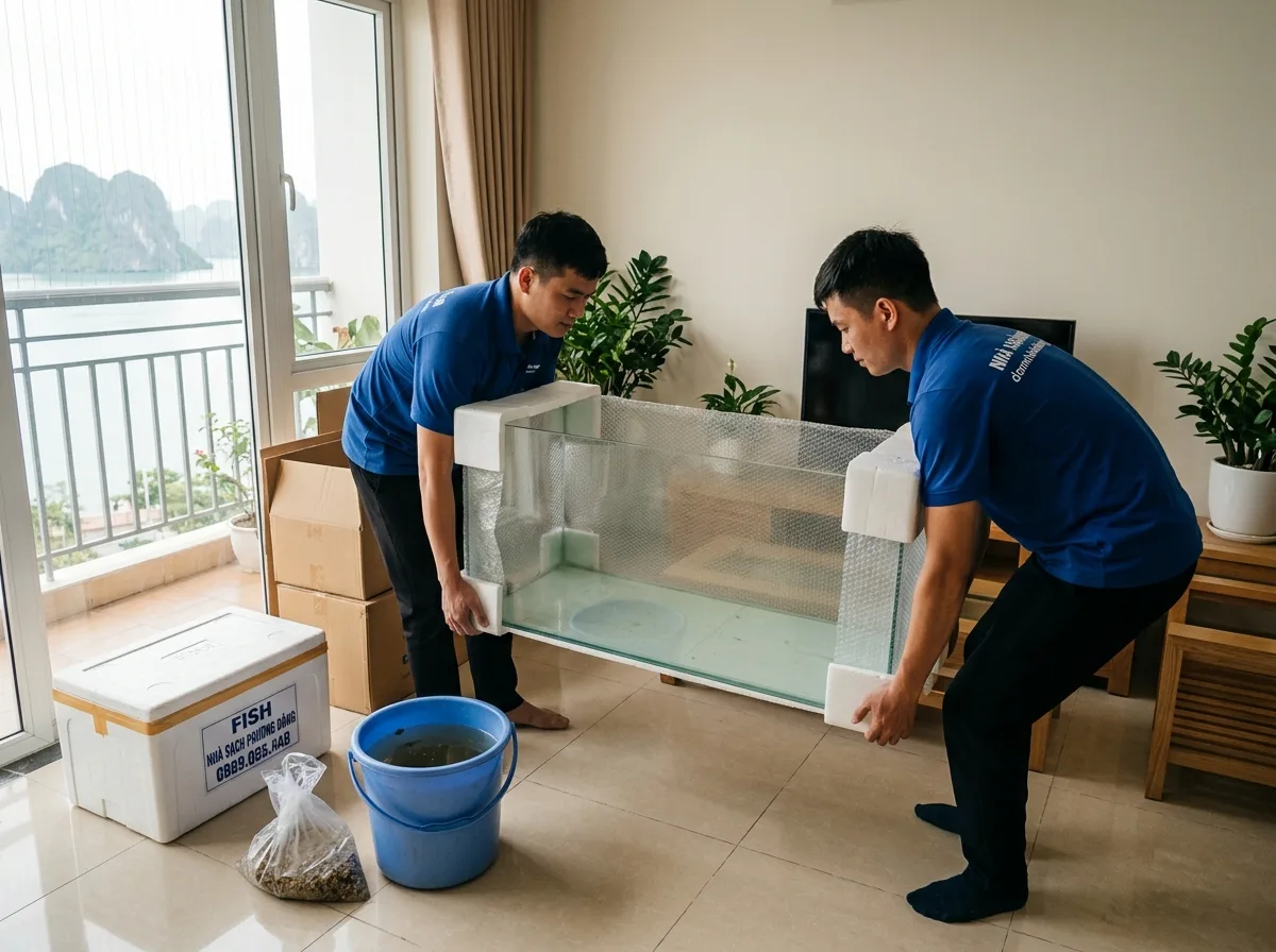 Bể cá đã rút nước được bọc góc trước khi khiêng