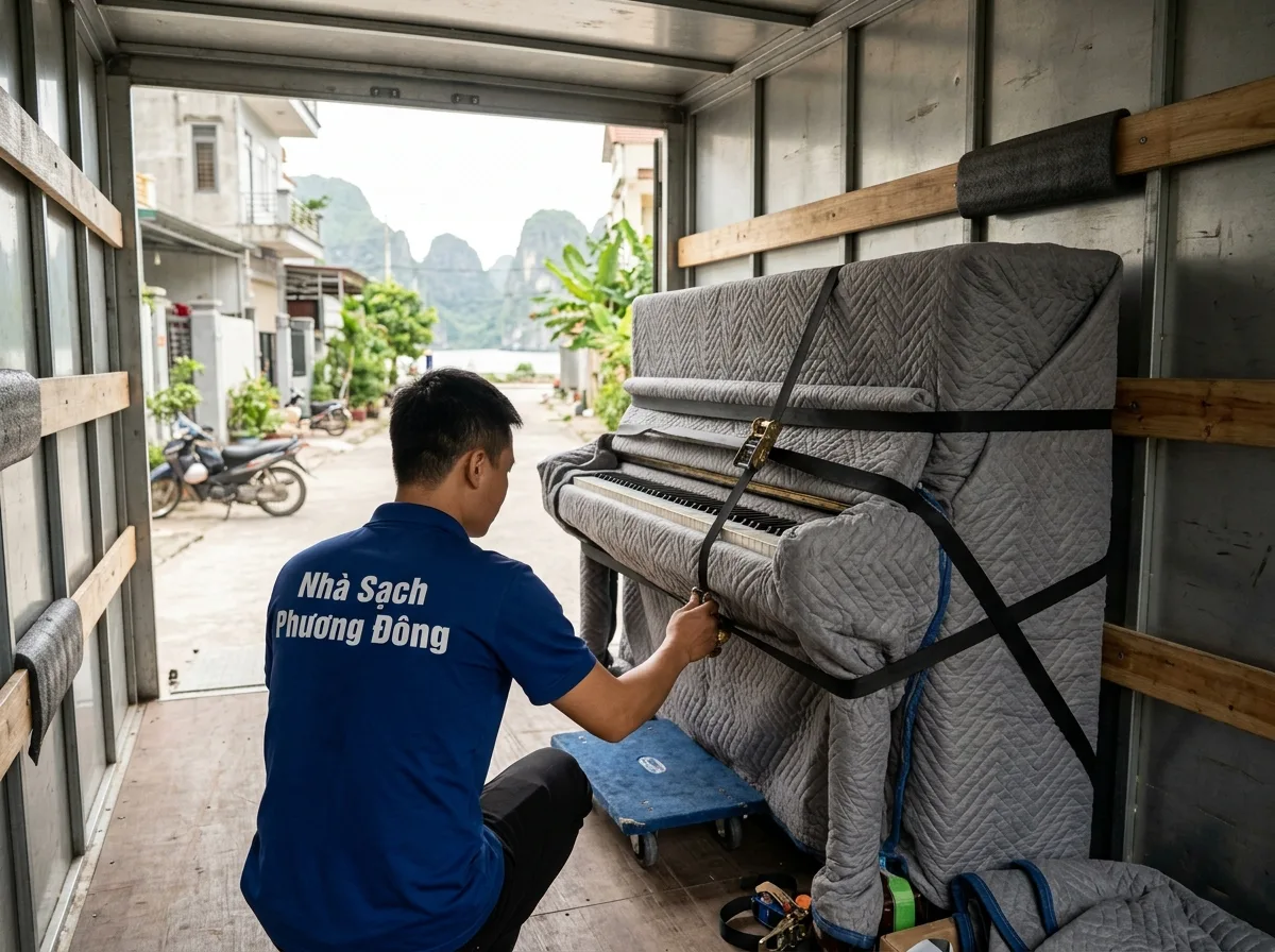 Đàn piano được bọc chăn, chằng đứng trên xe tải