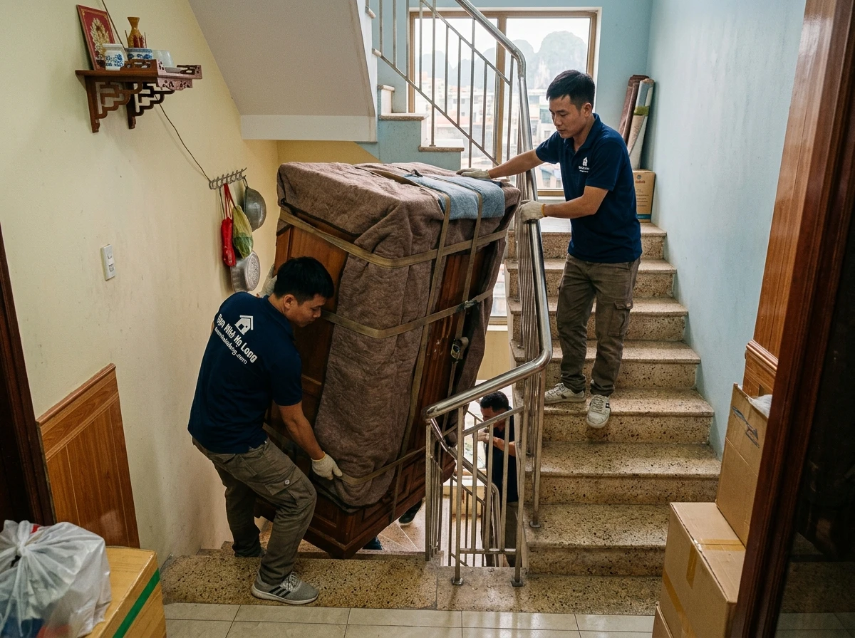 Vận chuyển đồ nặng qua cầu thang hẹp nhà phố Hòn Gai