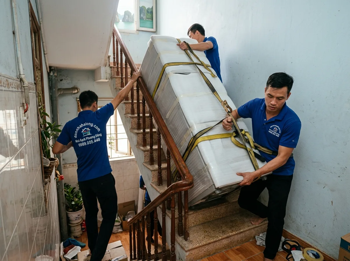 Khiêng tủ lạnh qua cầu thang hẹp nhà phố ở Hòn Gai