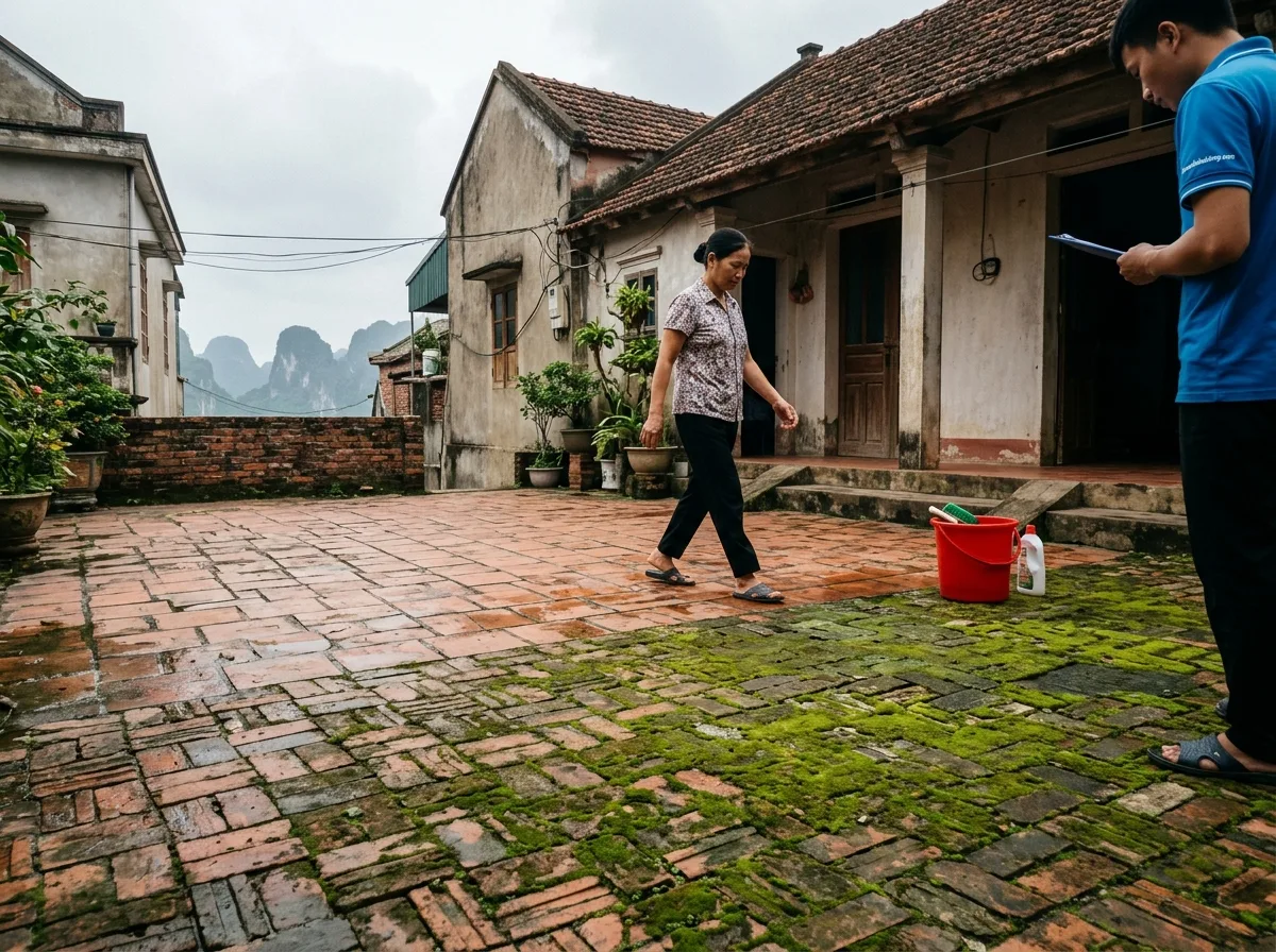 Sân gạch bám rêu xanh trơn trượt