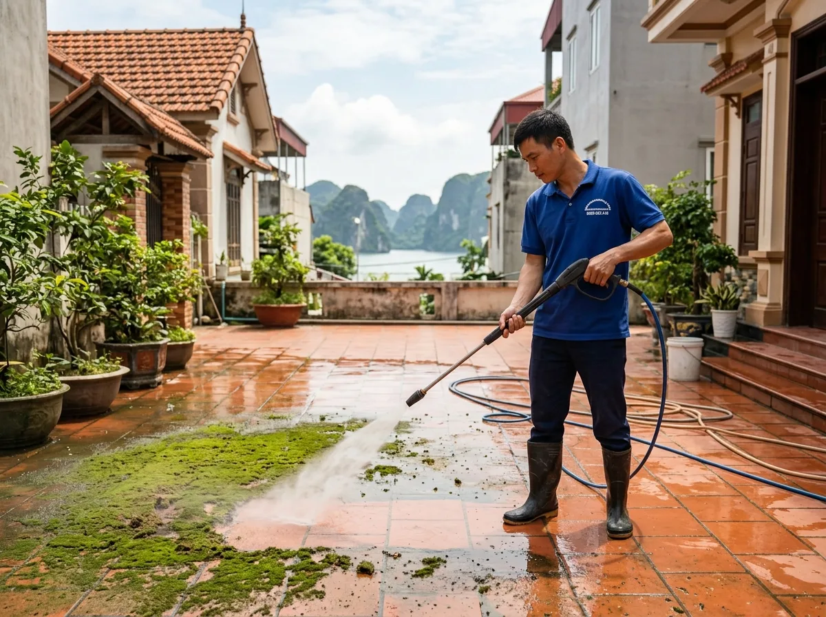 Xịt rửa áp lực sân gạch loại bỏ rêu