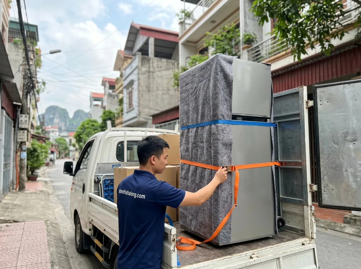 Tủ lạnh dựng đứng, chằng dây đai trên xe tải chuyển nhà